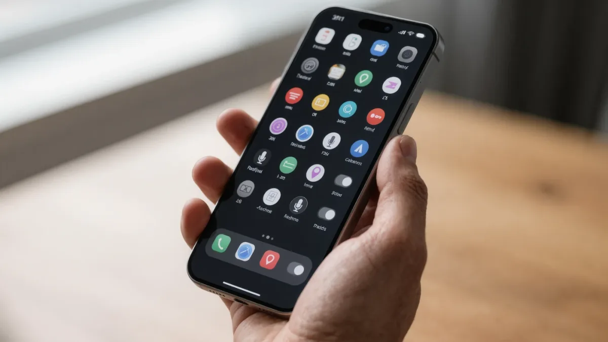 Hand holding phone showing a grid of app permission toggles