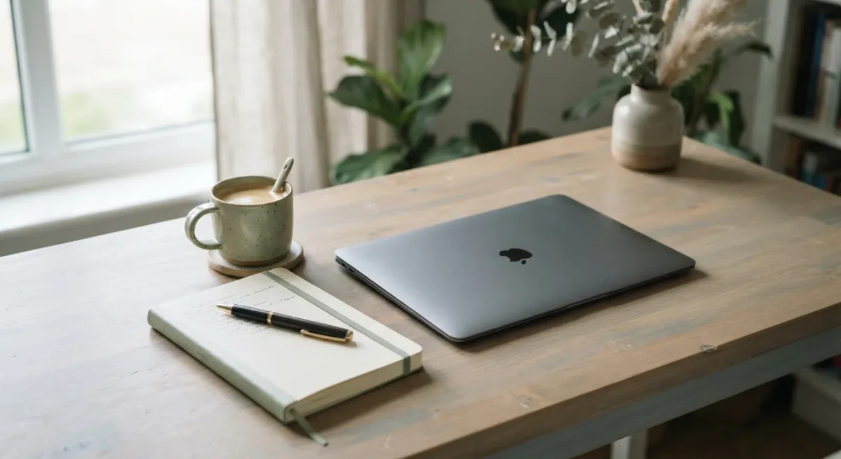 Notebook and coffee beside laptop on quiet office desk