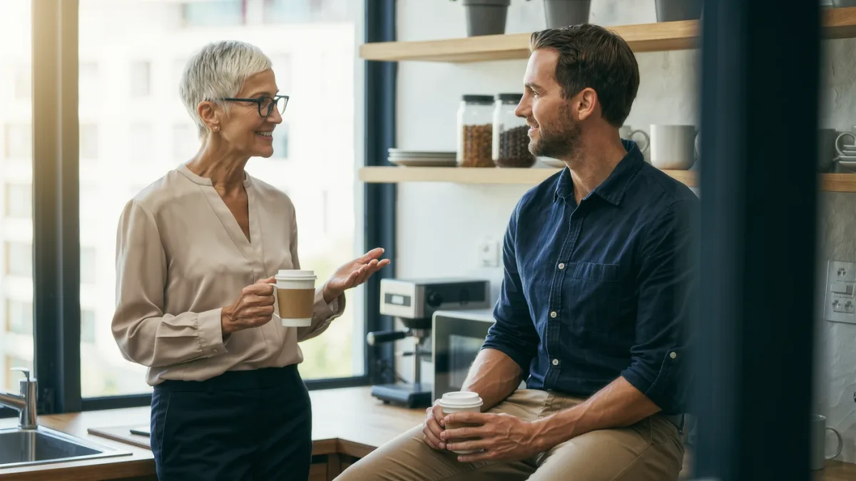 Experienced founder mentoring a younger founder in an office kitchen