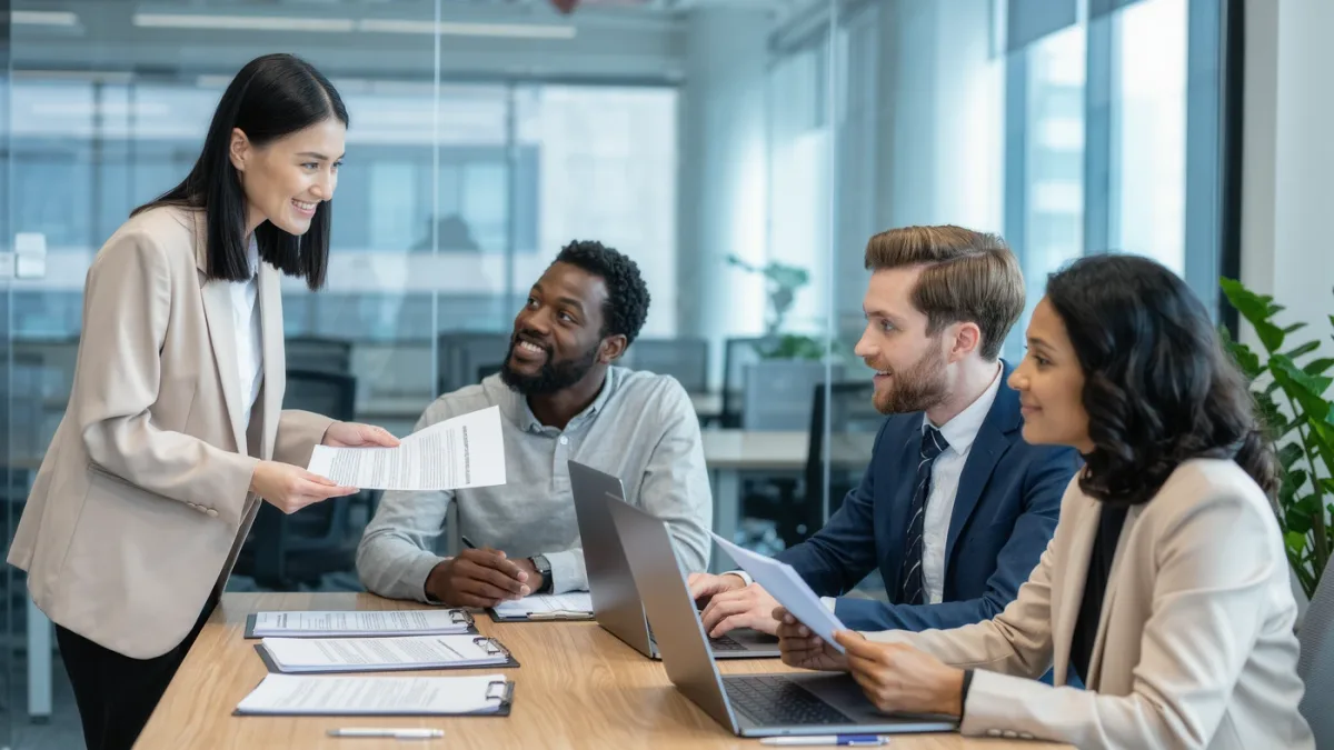 Compliance team reviewing security policy documents in a meeting room