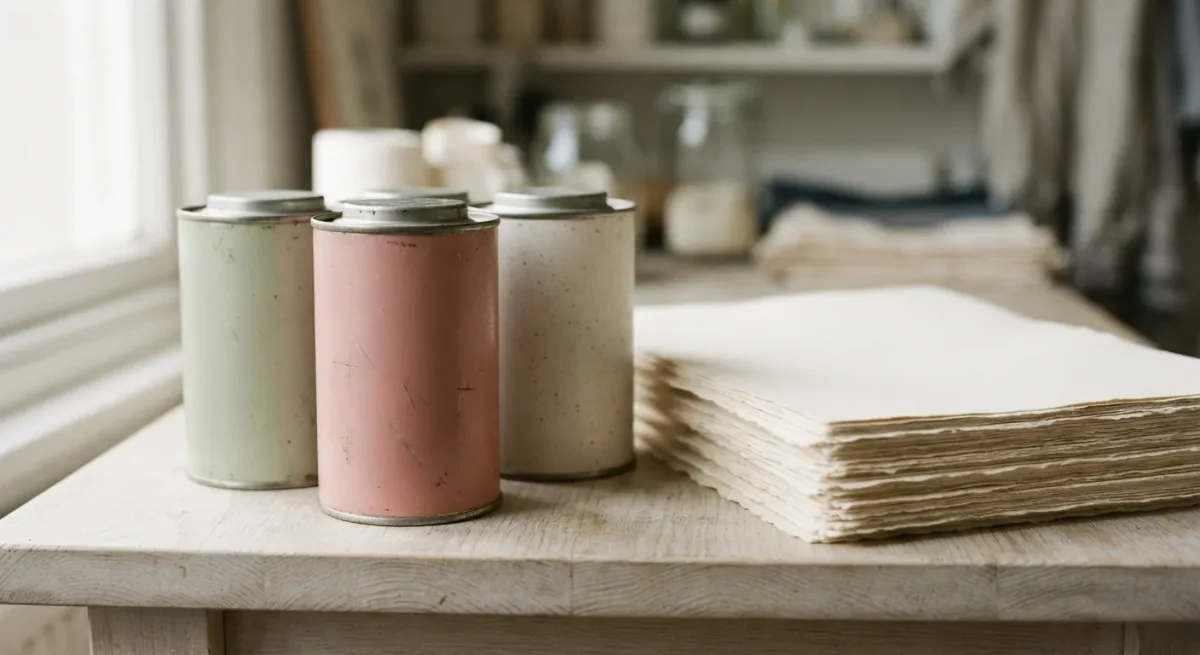 Bright ink drums and uncoated paper sheets on pale bench