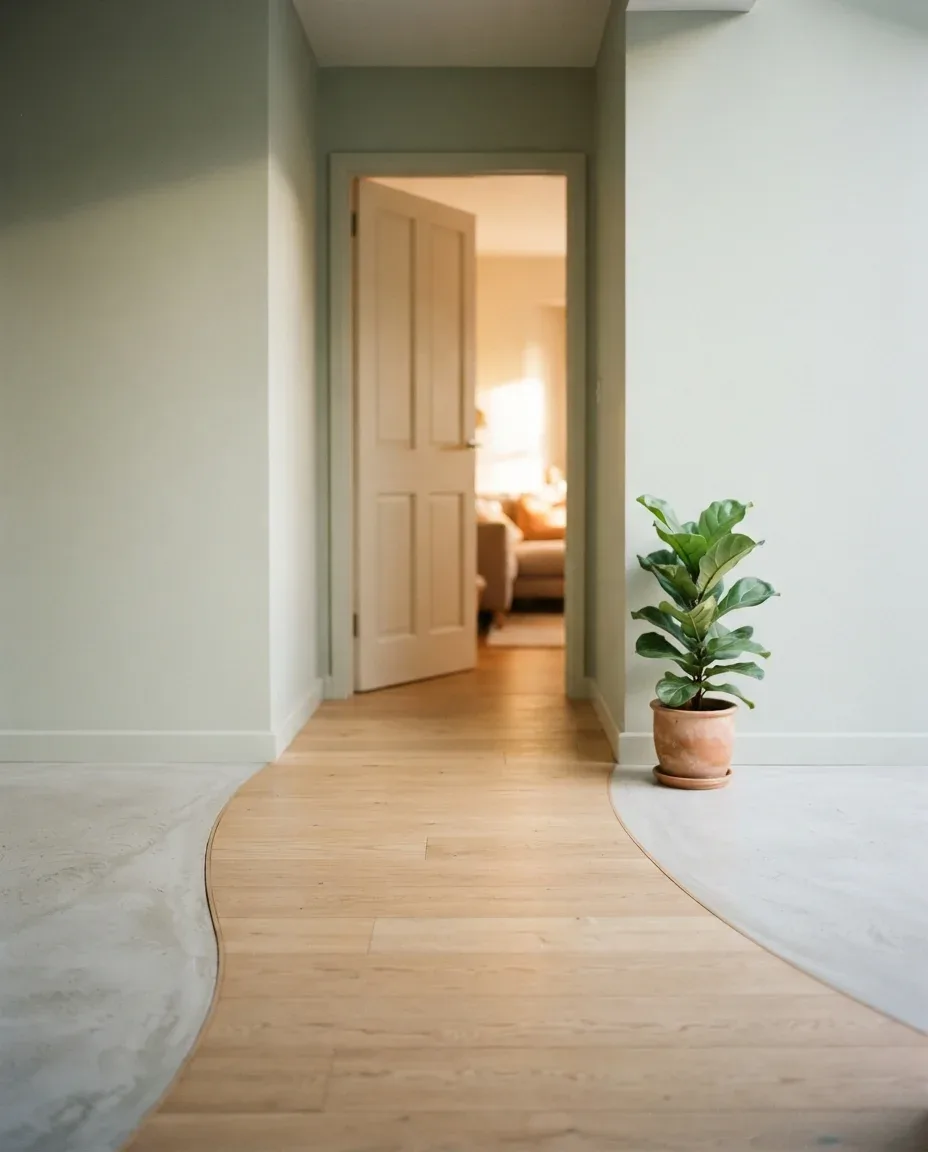 Curved wooden path leading back toward an open office door