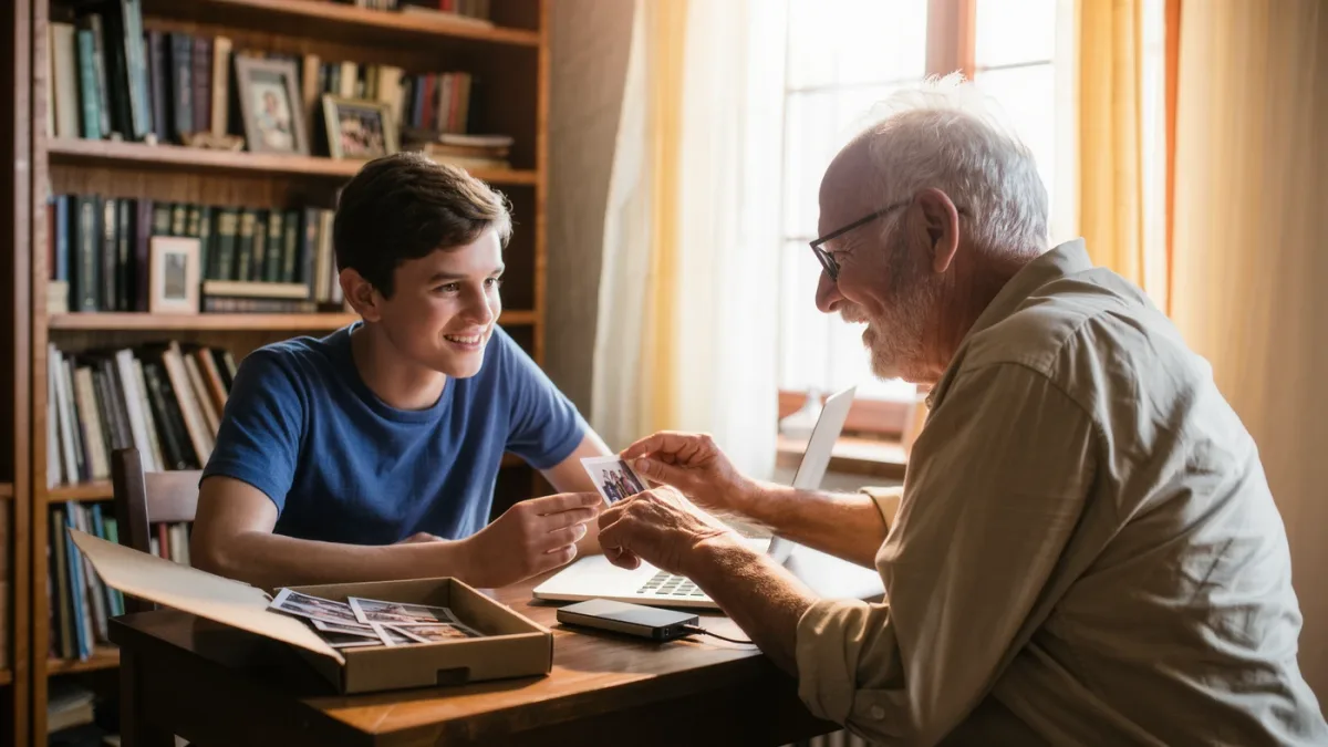 Grandfather sorting family photos on a computer beside external drive