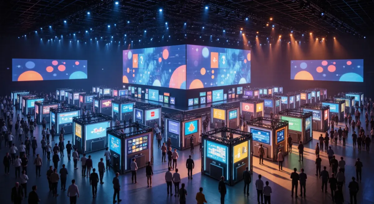 Crowds on the exhibition floor of a large technology conference