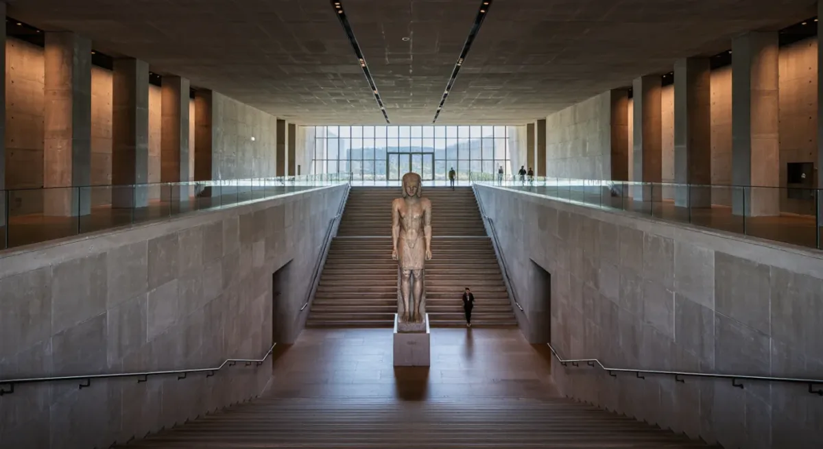 Grand staircase of a major archaeology museum with a colossal statue
