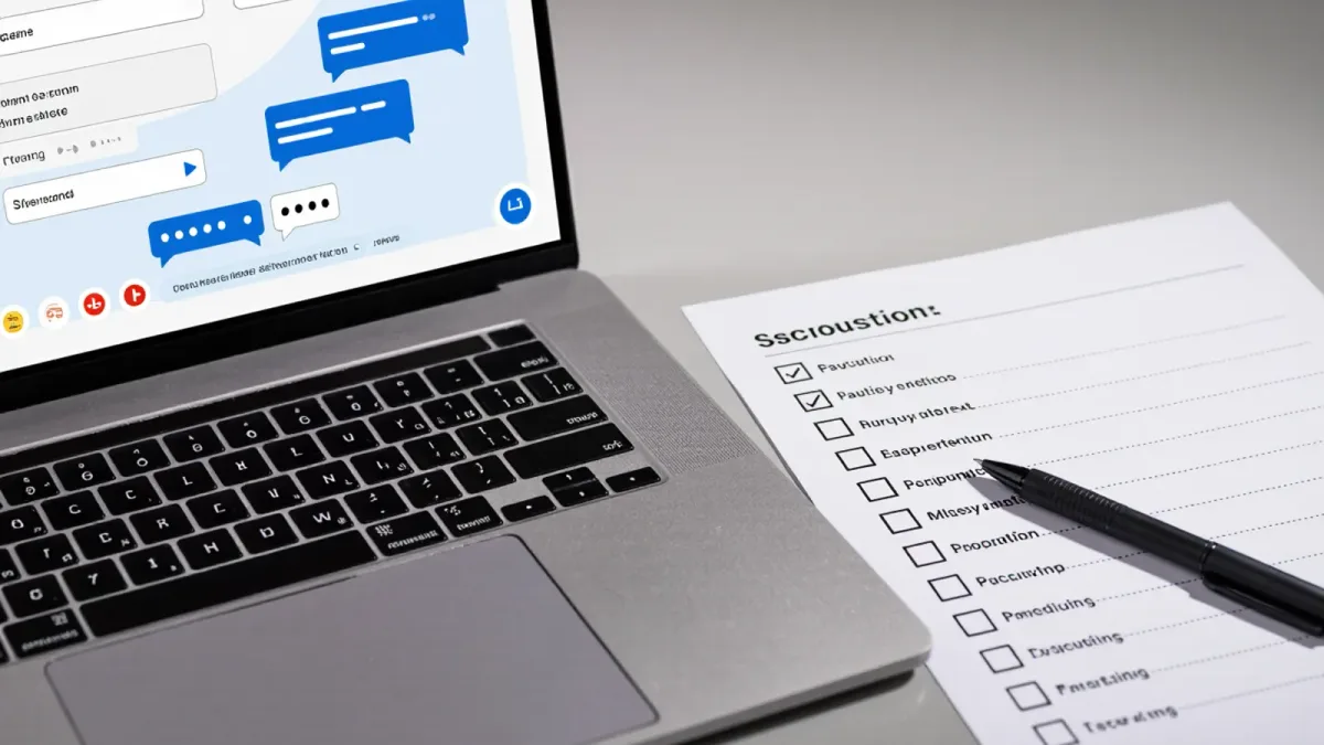 Close-up of a laptop screen showing a generic chat interface beside a printed escalation checklist