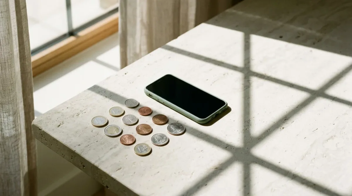 Coins and phone on plain surface with geometric shadow