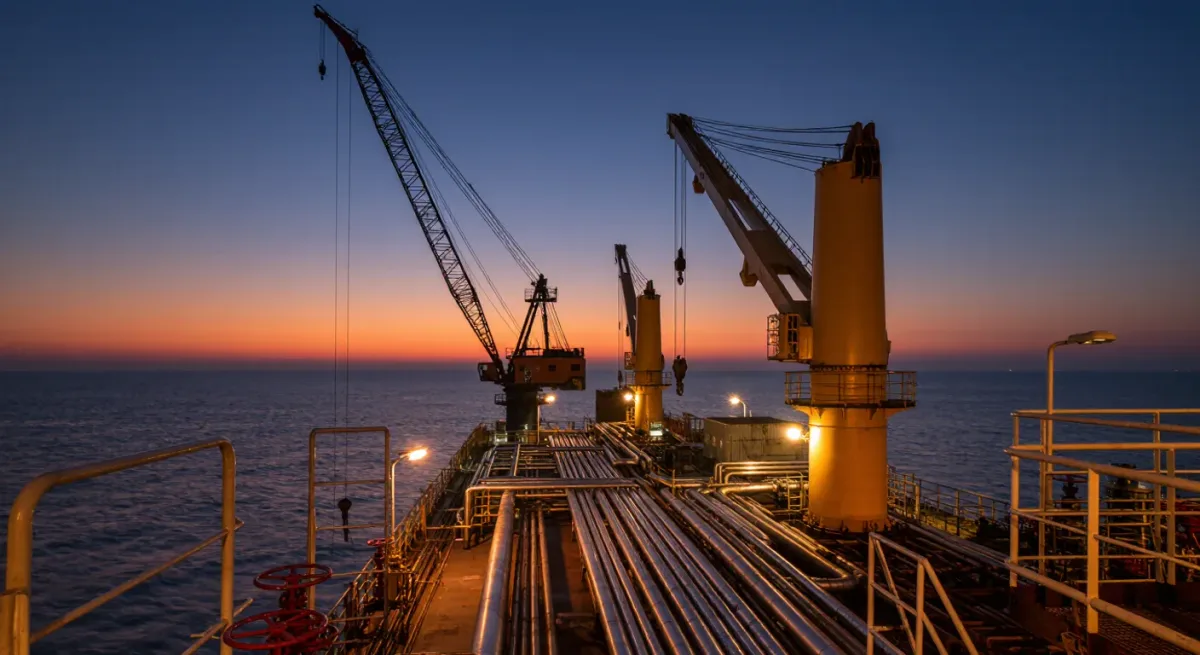 Offshore production platform deck equipment at dusk