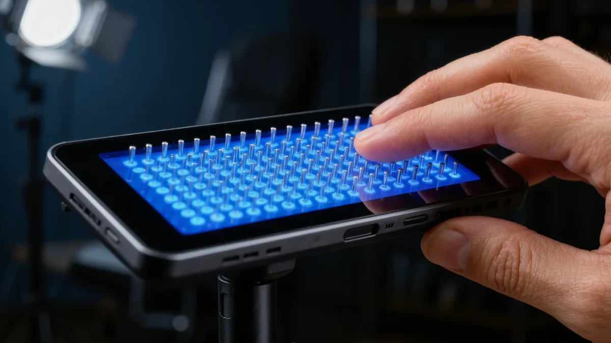 Close-up of refreshable braille cells and fingers
