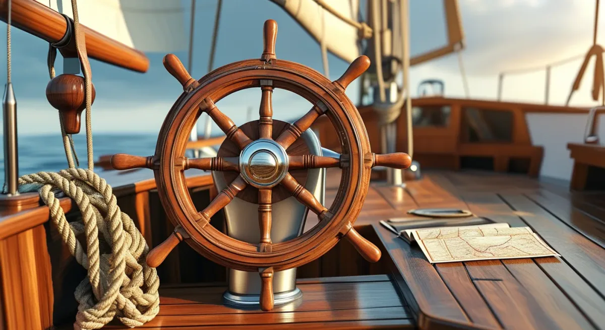 Bareboat helm wheel and engine throttle in afternoon light