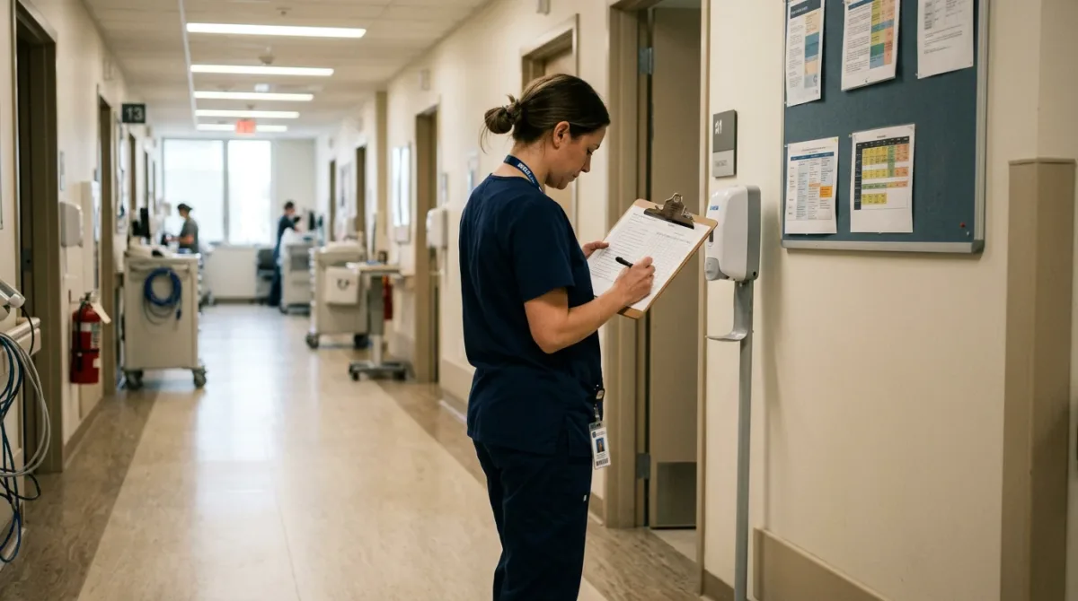 A certified nursing assistant in scrubs reviewing a training checklist beside a stylized New York State outline.