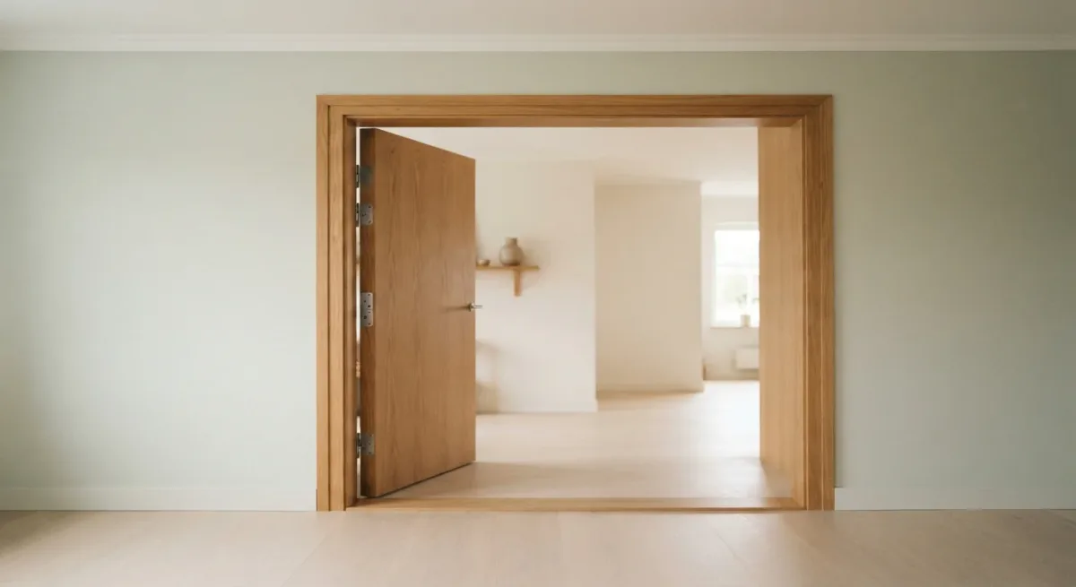 Wide interior doorframe with morning light on oak trim