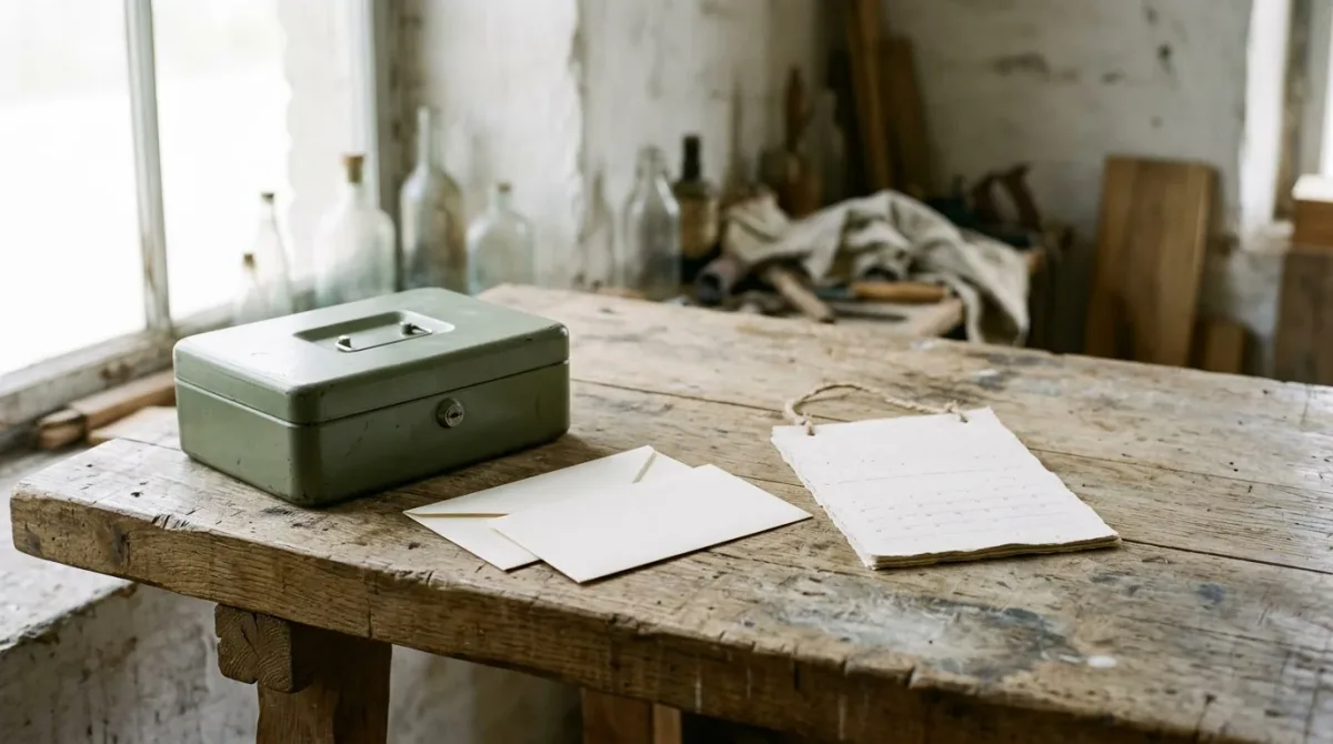 Wall calendar, invoice envelopes, and a cash tin on a workshop bench