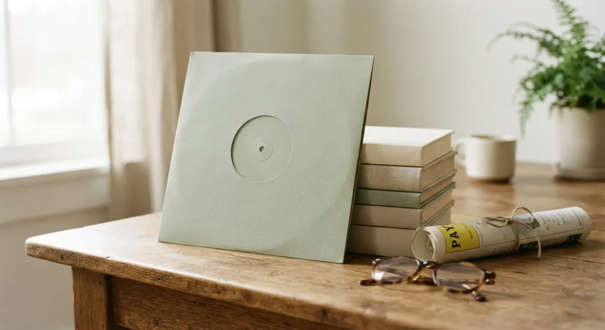 Vinyl record, theater playbill, and stacked books on a table