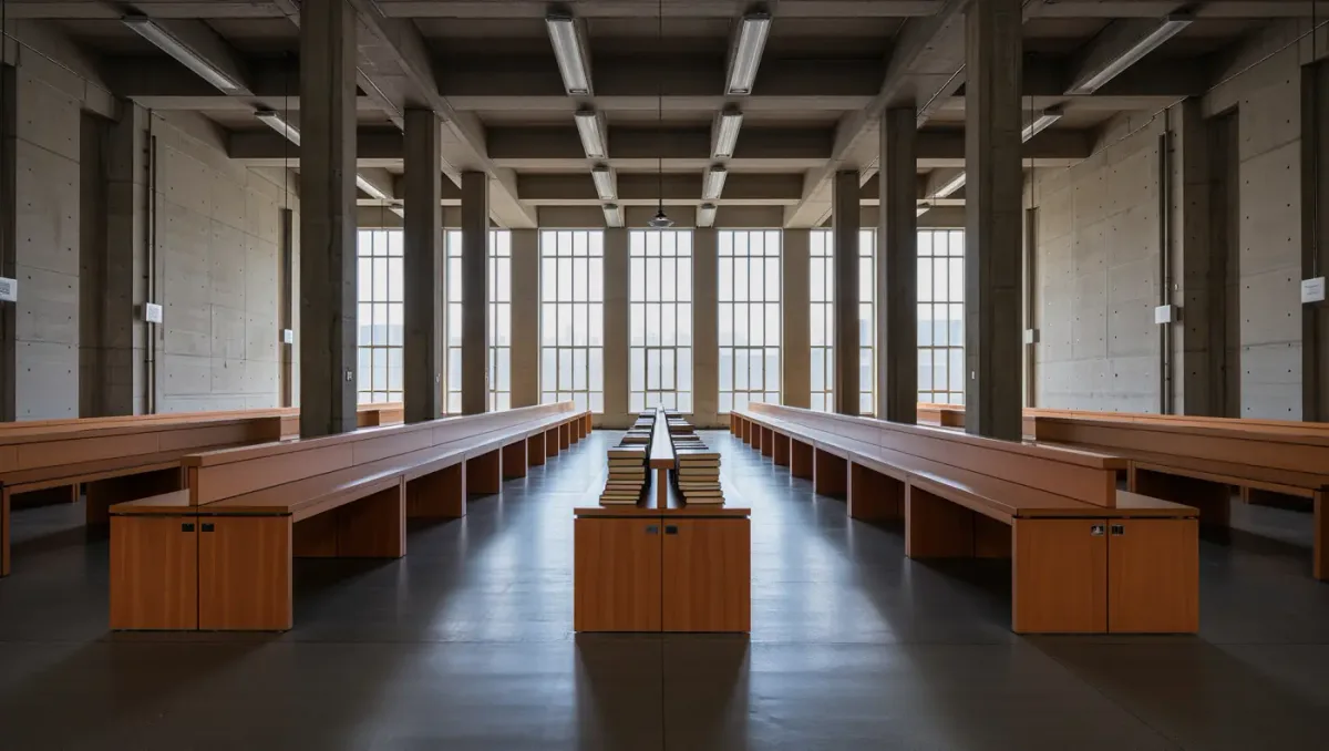 Row of empty reading desks under tall windows in a government archive room