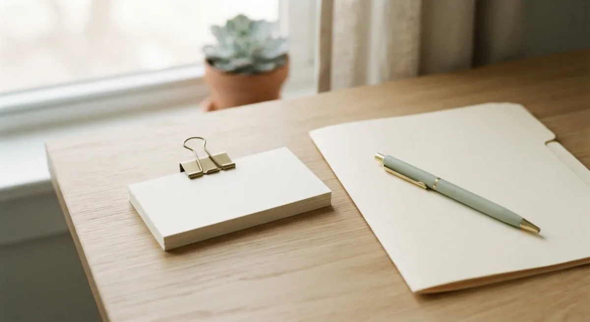 Timesheet cards and a plain folder on an office desk in soft light