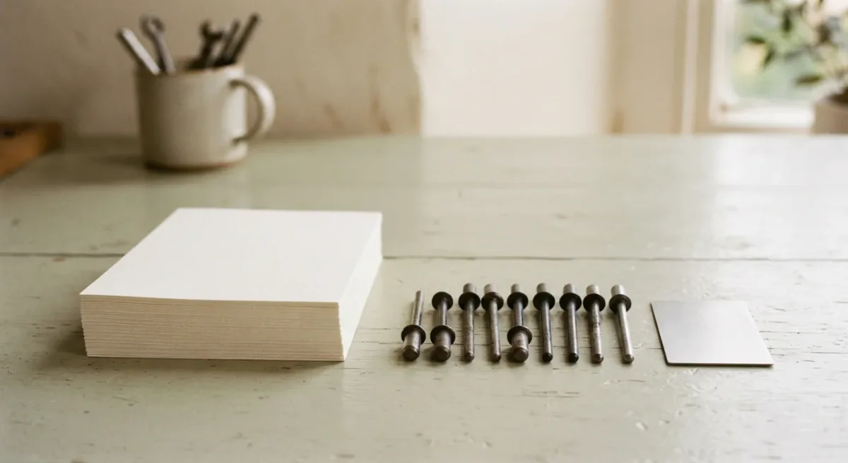 Stacked printed notices beside steel rivets on a worktable