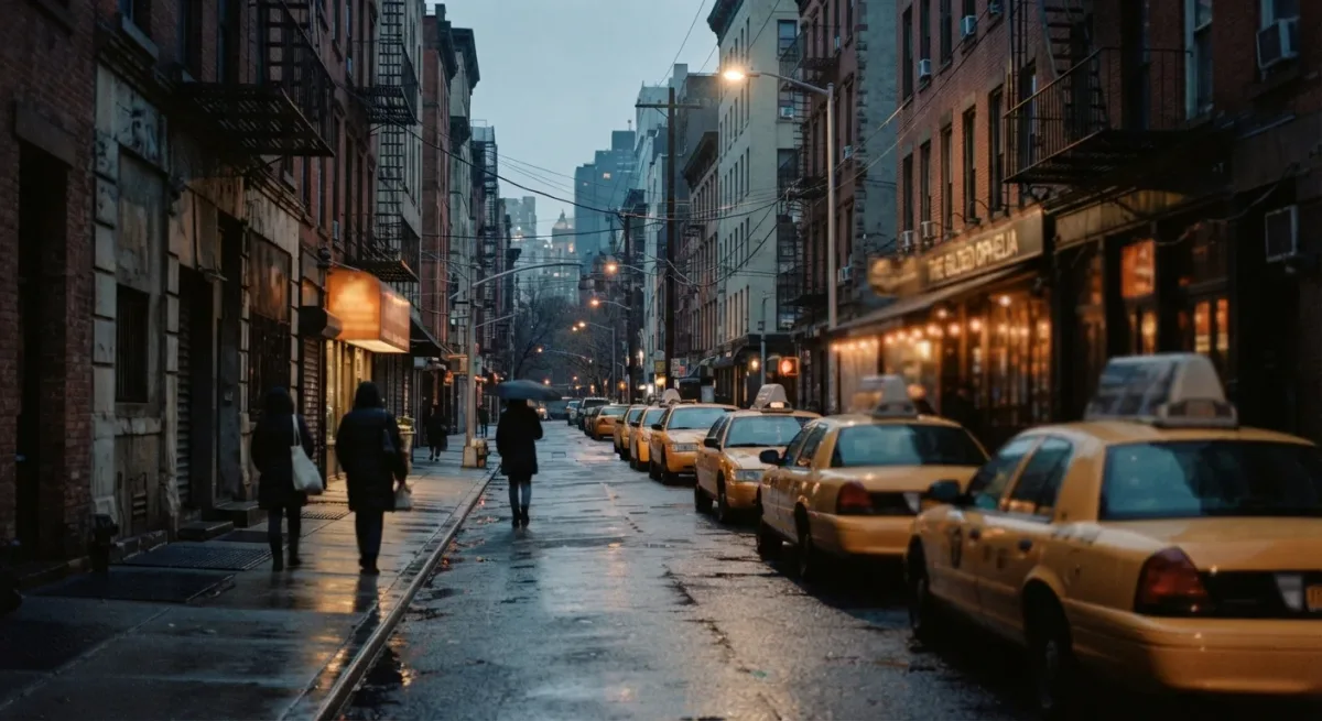 Wet Manhattan street at dusk with cabs and glowing restaurant windows