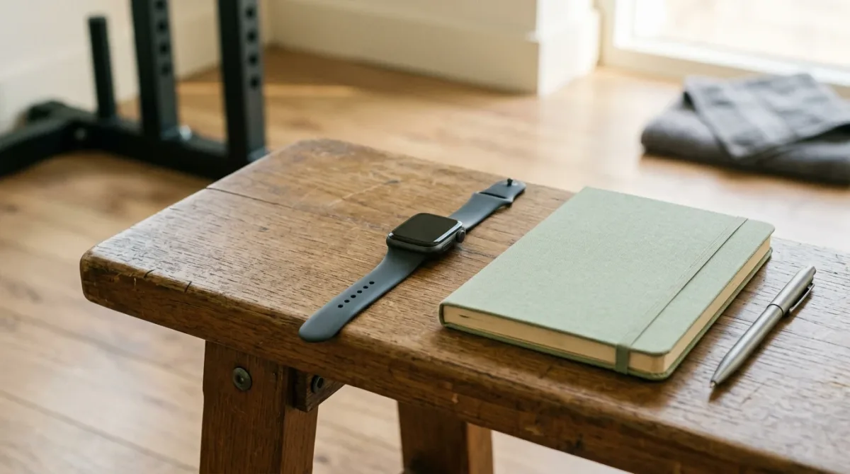 Plain unbranded smartwatch and notebook on a gym bench in daylight