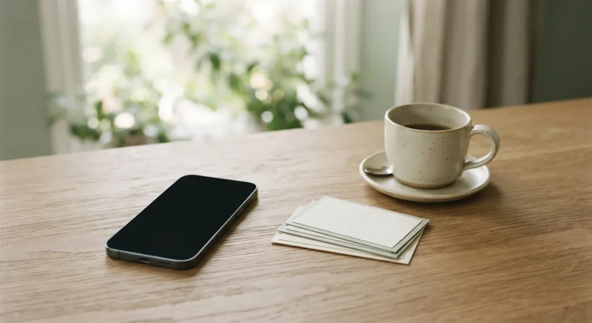 Phone with blank screen beside a notebook and coffee cup