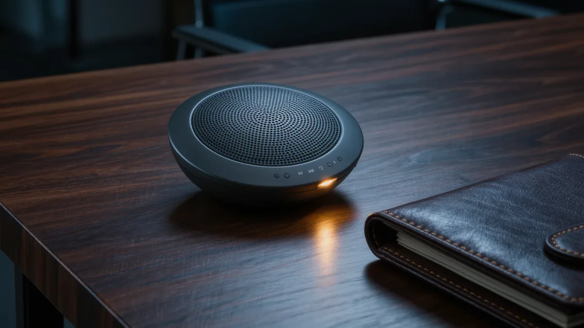 Close-up of a conference speakerphone beside a subtle recording indicator