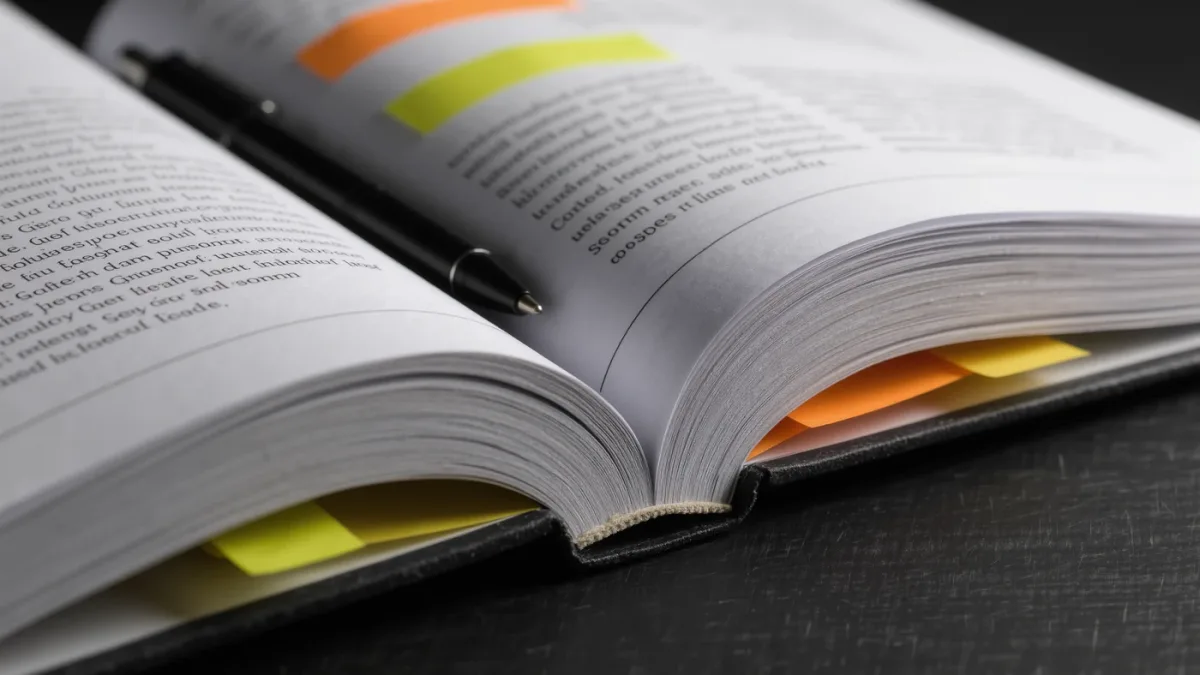 Close-up of a thick prospectus with highlighted footnotes and margin notes