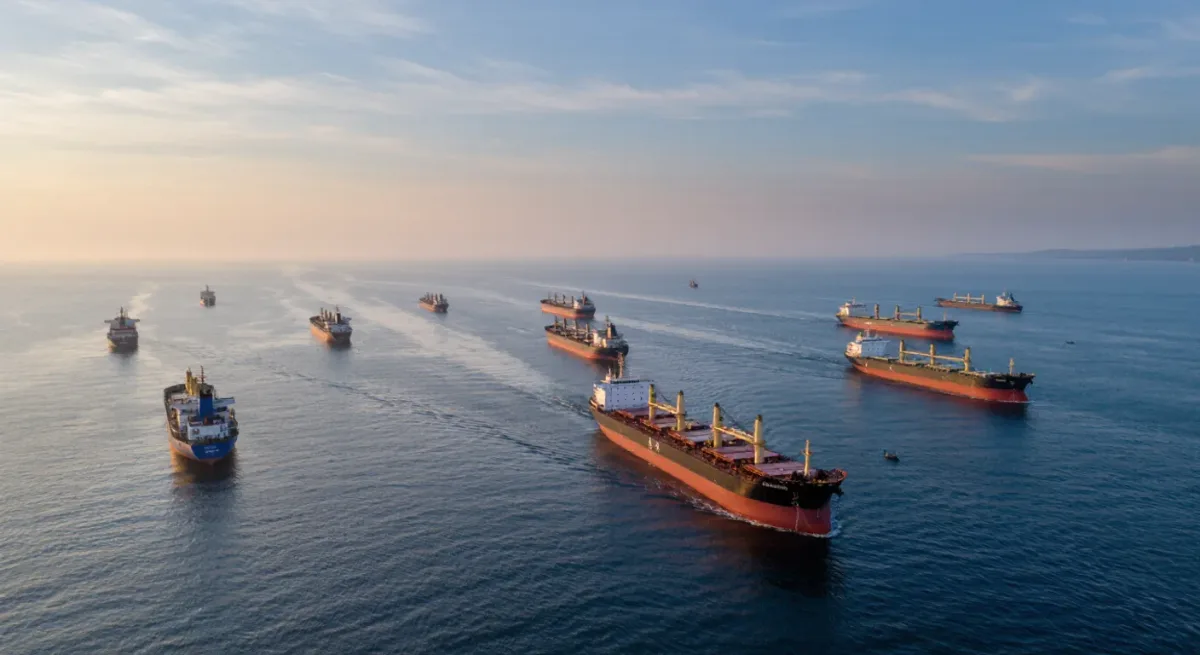Anchored tankers waiting at sea in queue