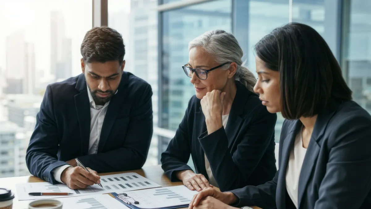 Legal operations team reviewing technology budget dashboards at a conference table