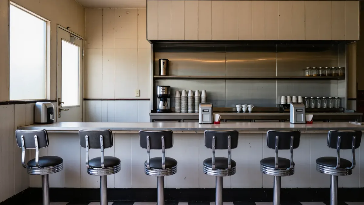 Closed diner counter with stools in morning light, no staff present