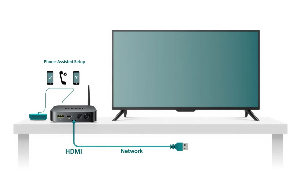 Streaming box connected behind living room television
