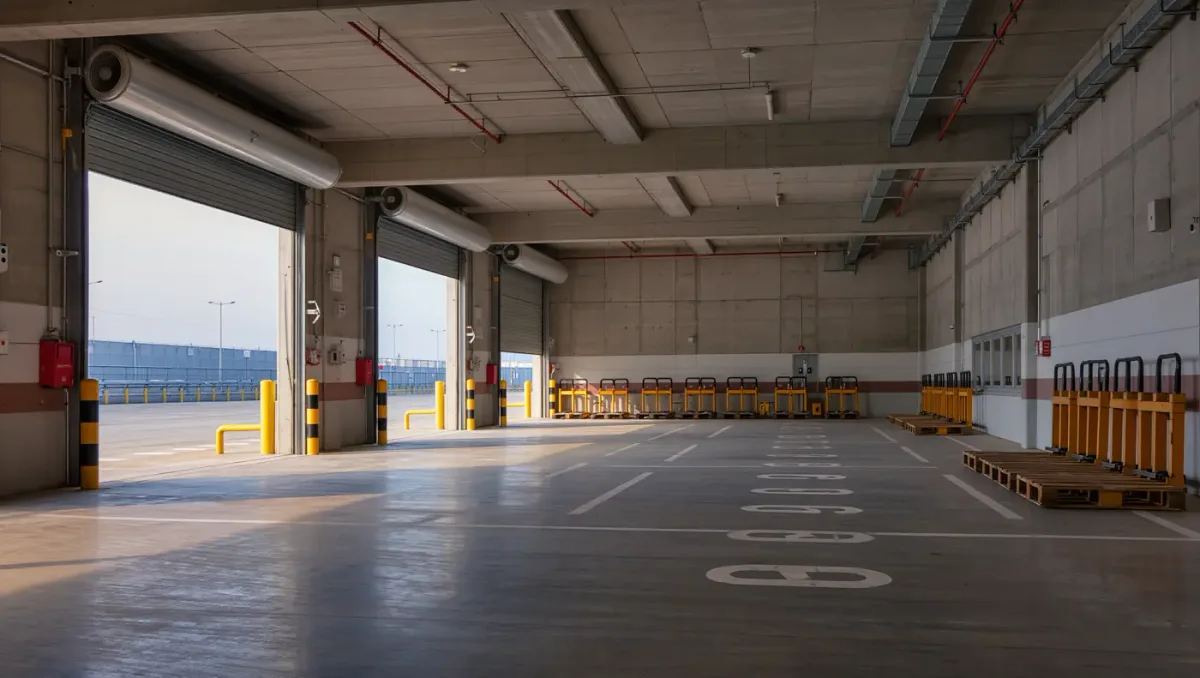 Empty loading dock with roll-up door and pallet jacks