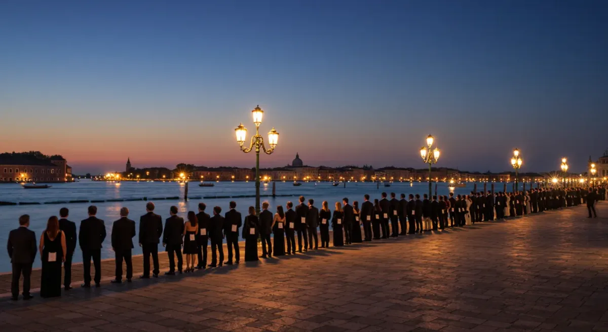 Festival queue along a waterfront at dusk