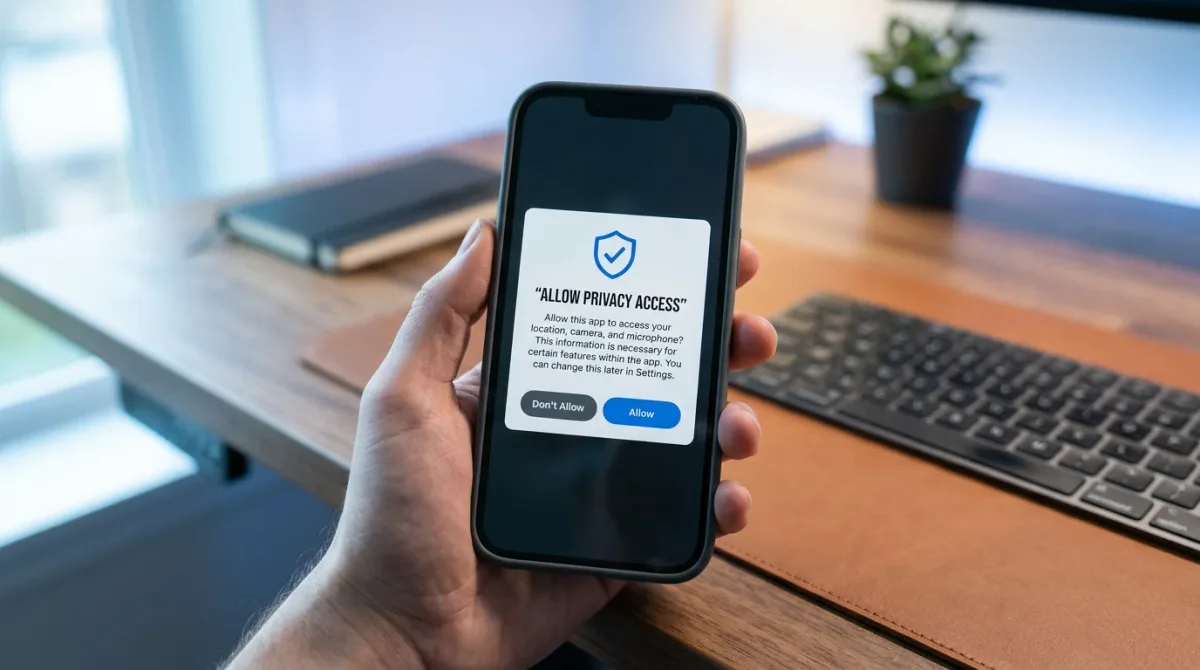 A smartphone displaying a privacy permission dialog with a shield icon, rendered in the site's crisp, service-journalism tech-explainer style.