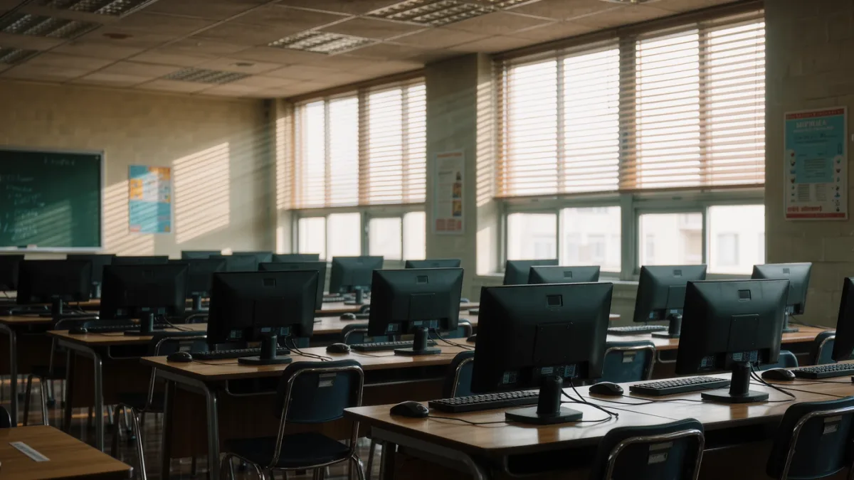 Empty school computer lab with rows of dark monitors