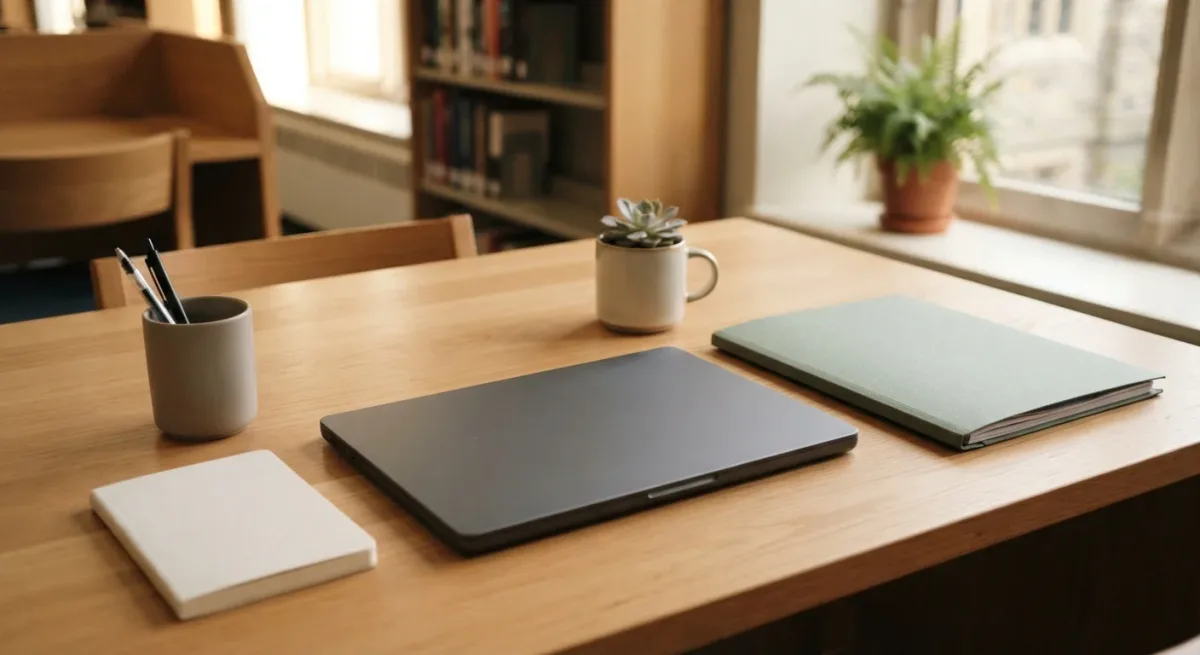 Laptop and folder on a university desk in daylight