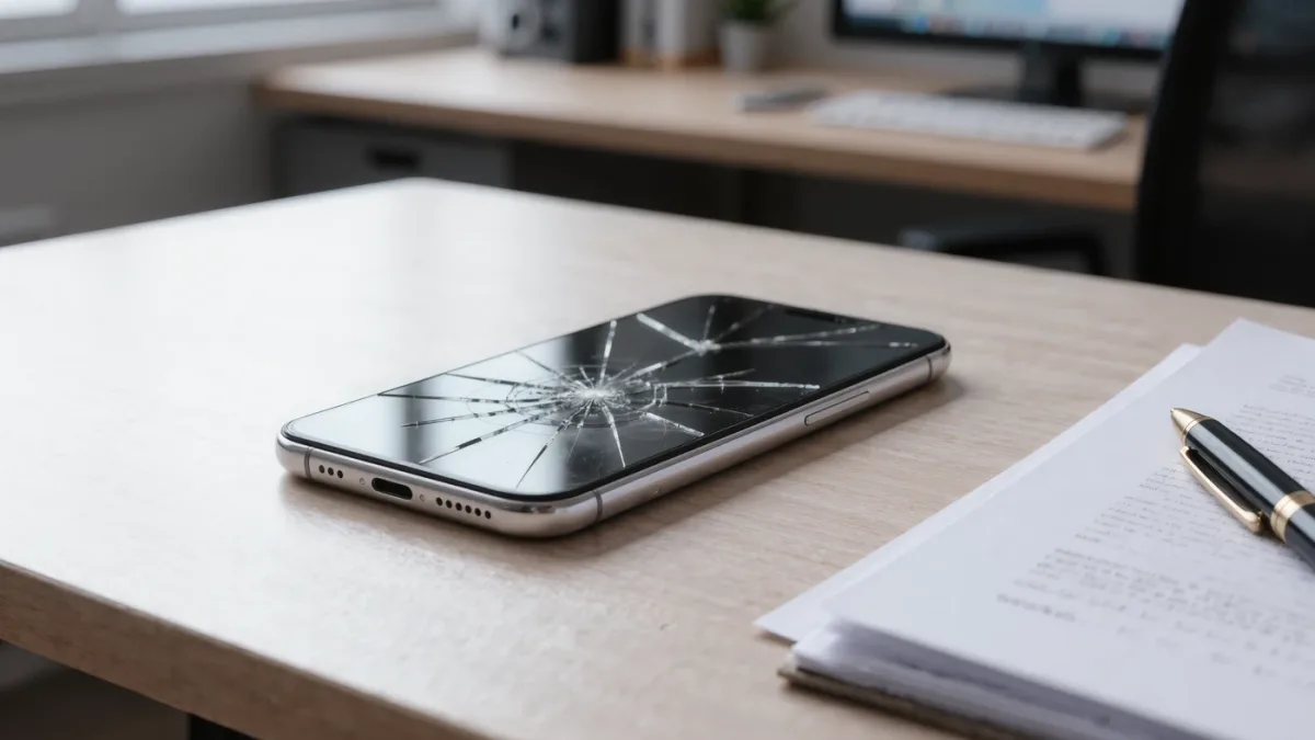 Phone with cracked screen beside insurance documents