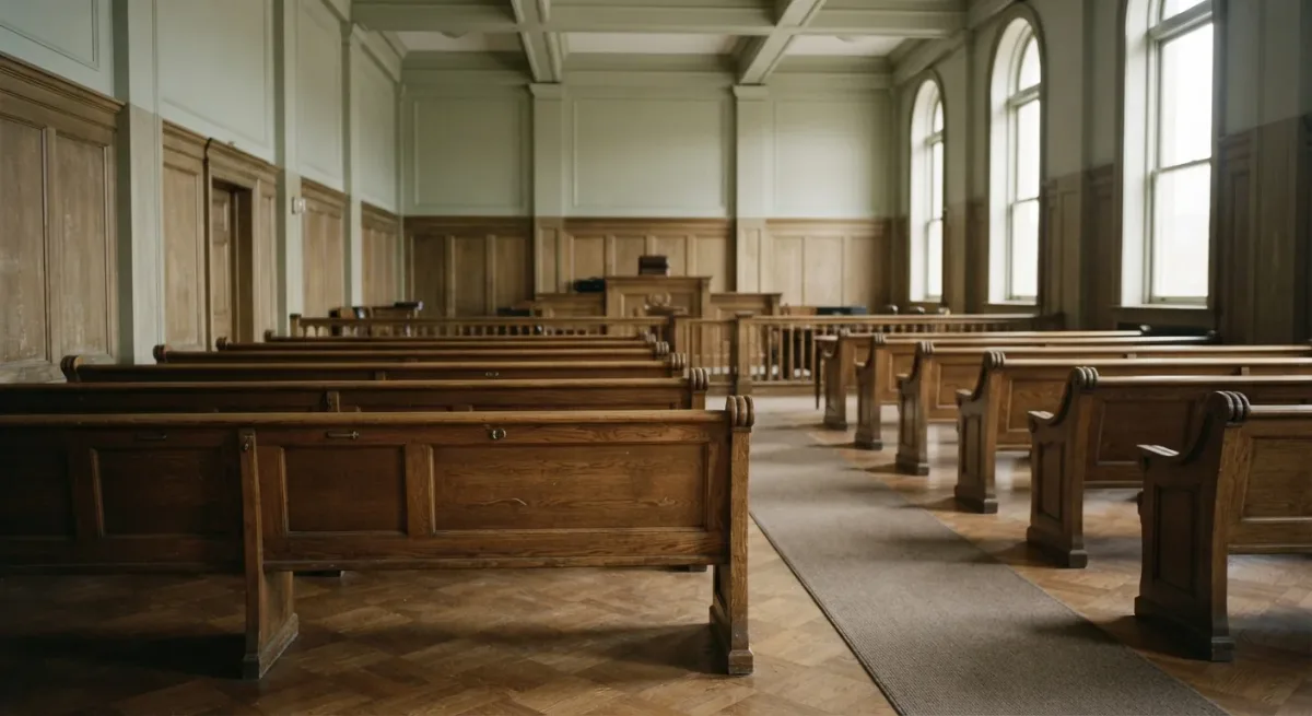 Empty courtroom gallery with high windows and daylight