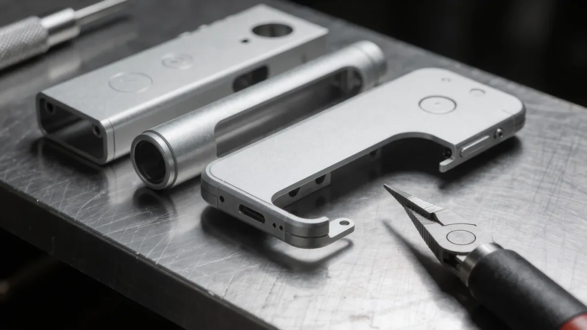Close-up of prototype device casings and a machining tool on a workbench