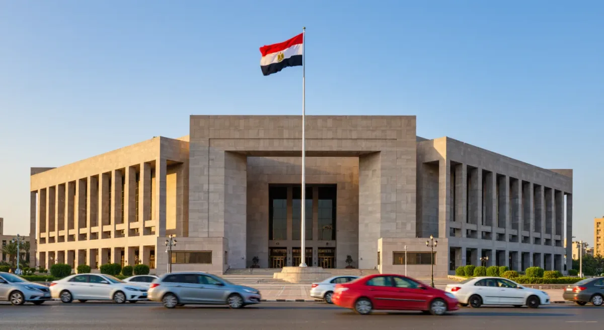 Central bank building facade with national flag