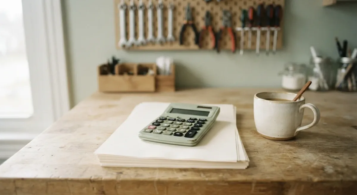 Calculator and paperwork stack on a small workshop bench in natural light