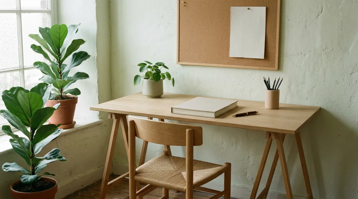 Empty chair at a prepared desk beside an open notebook