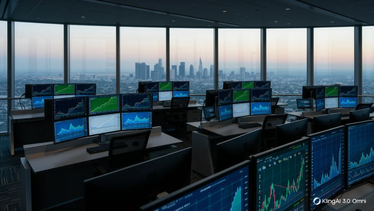 Empty trading floor terminal desks glowing with market charts