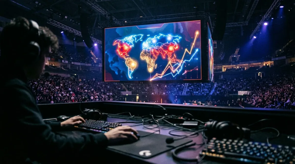 A glowing regional map of six esports circuits, each node feeding a rising stat line that converges on a single Major trophy icon, rendered in a moody dark-arena.