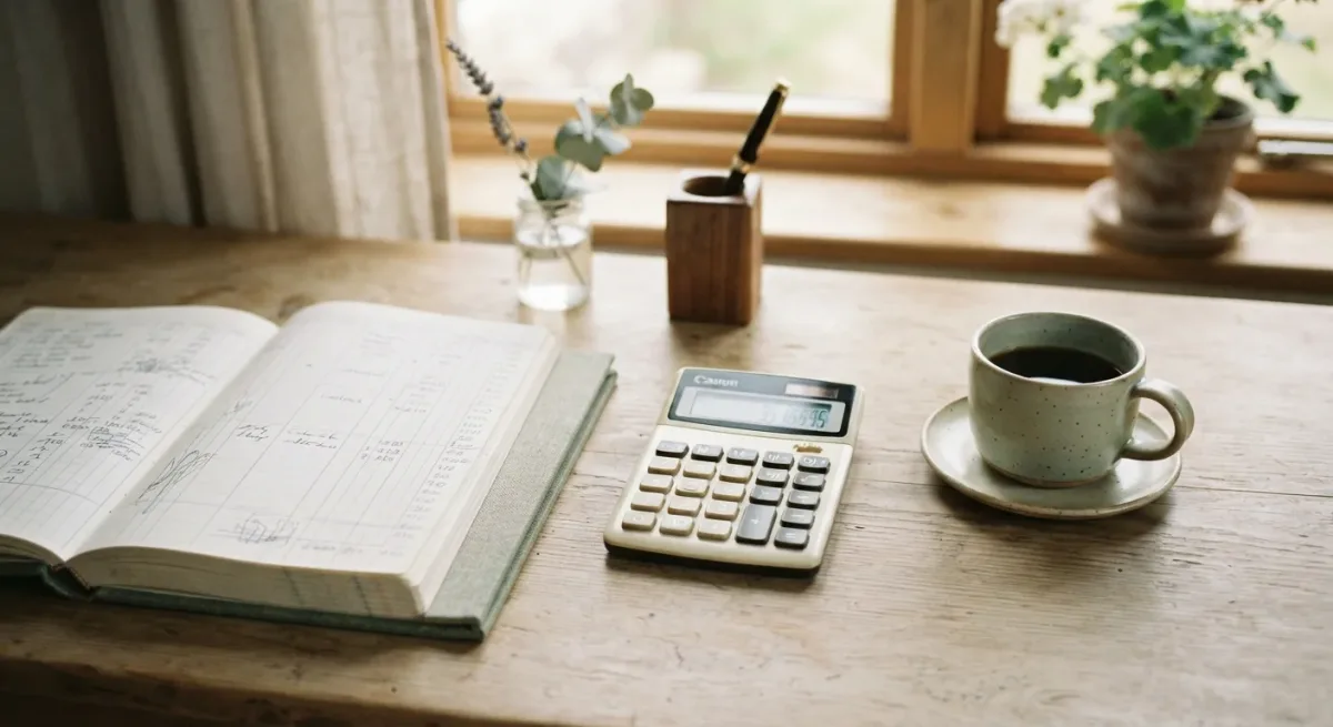 Ledger notebook and calculator on plain wooden desk