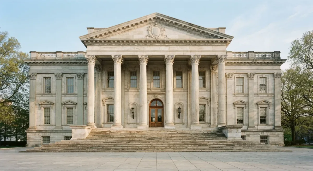 Neoclassical government building with marble columns in morning light