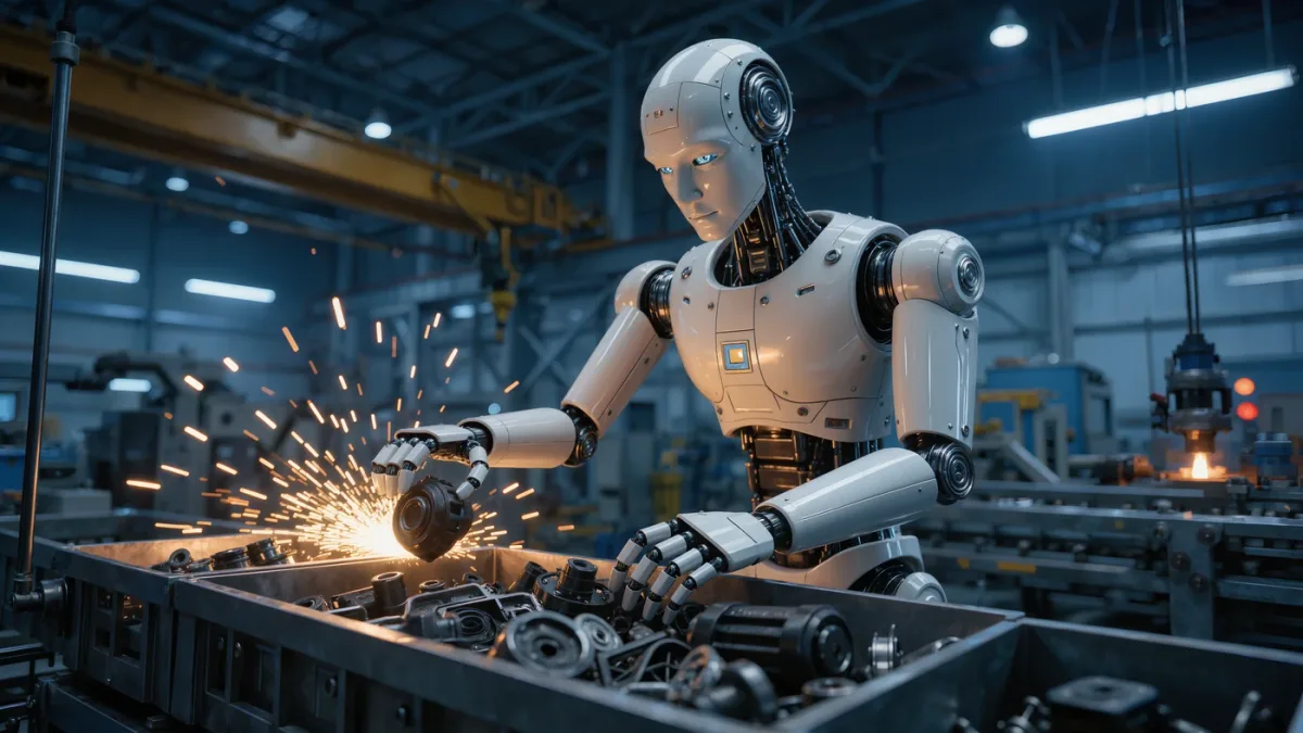 Humanoid robot arm working at a car factory assembly station