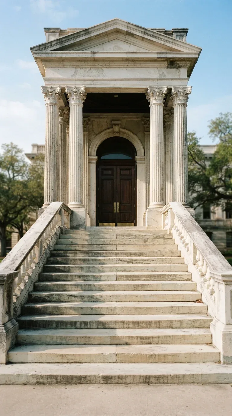 Courthouse steps and columns in even morning light