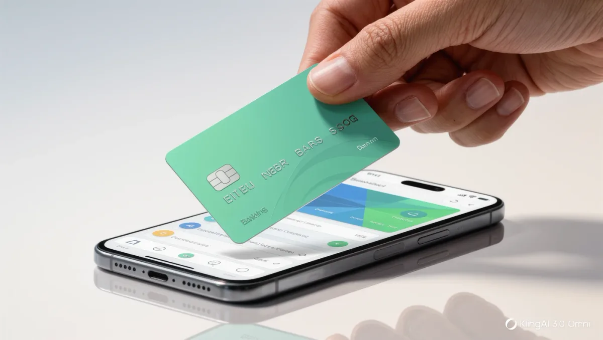 Close-up of a mobile banking app card held above a phone screen