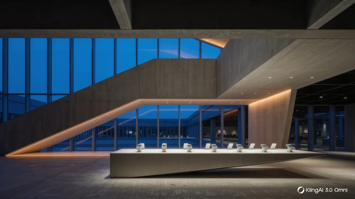 Empty modern fintech office lobby with payment terminals on display