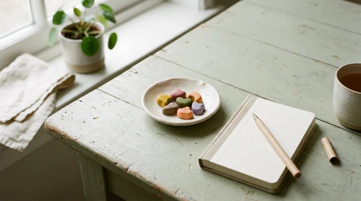 Plain candy dish with colored sweets beside notebook